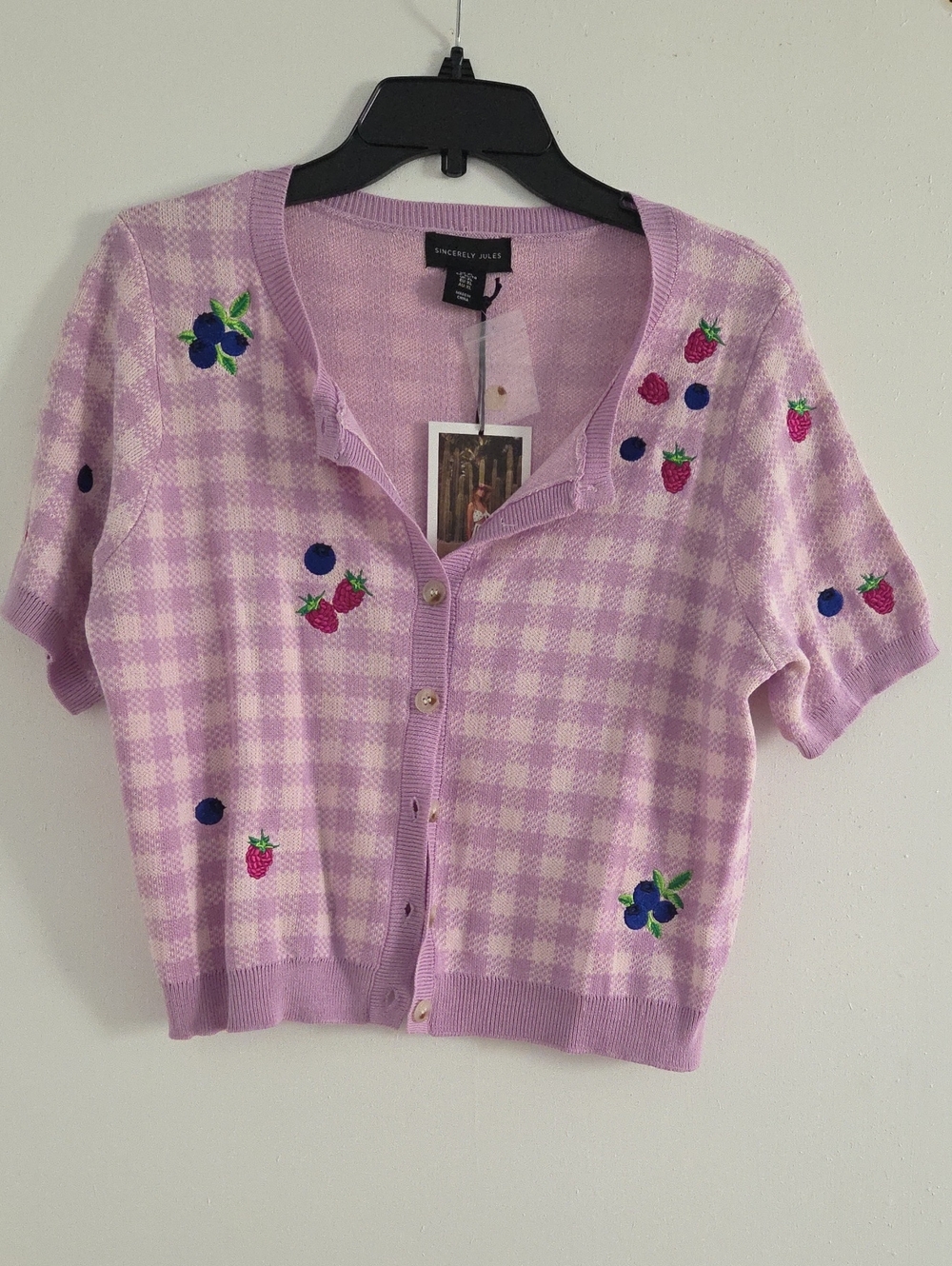 Lavender Gingham Embroidered Short-Sleeve Cardigan